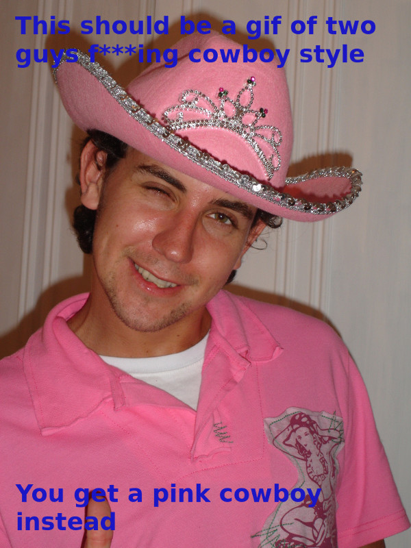 A cowboy dressed in pink and winking. Captions read, "This should be a gif of two guys fucking cowboy style. You get a pink cowboy instead."