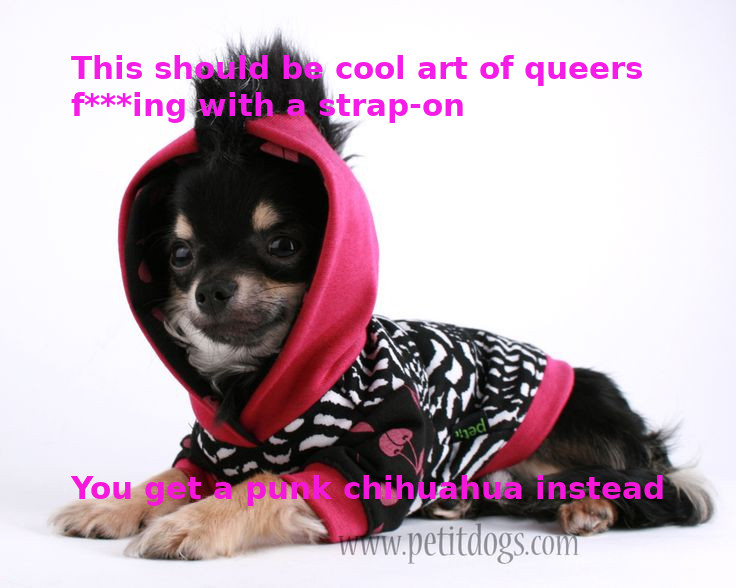 A chihuahua wearing a pink hoodie, the top of her head has a mohawk haircut. Captions read, "This should be cool art of queers f***ing with a strap-on. You get a punk chihuahua instead."