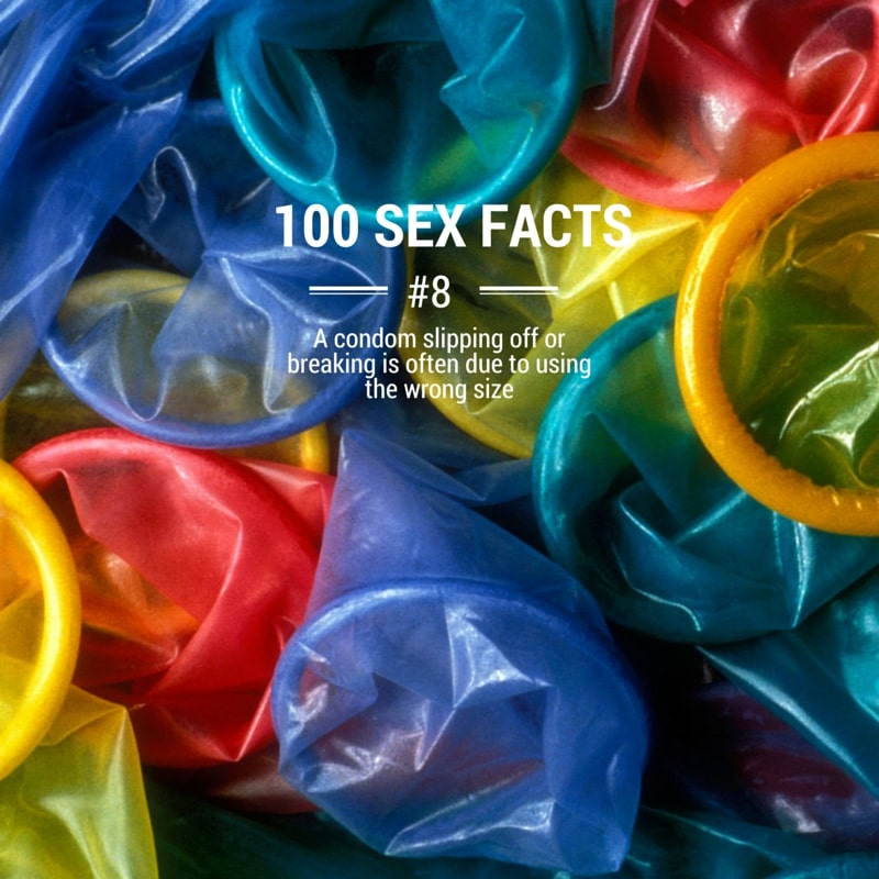 A bunch of colourful condoms. Captions read, "100 sex facts. Number 8: a condom slipping off or breaking is often due to using the wrong size."