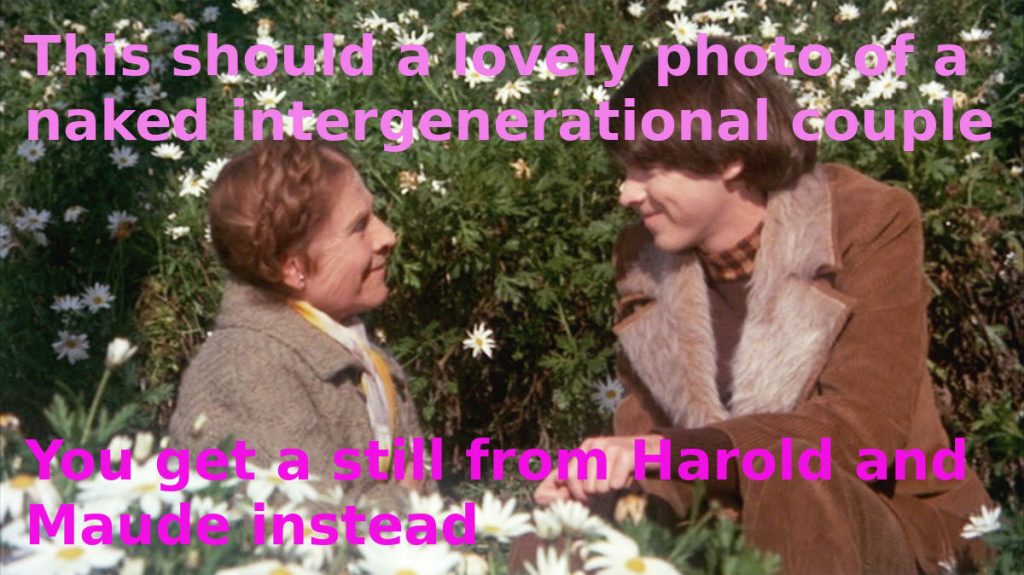 This is a still of Harold and Maude from the movie of the same name. Maude is an elderly woman and Harold is a young adult. They're outside, surrounded by daisies. They're smiling at each other and holding hands. Captions overlap the picture. They read, "This should be a lovely photo of a naked intergenerational couple. You get a still from Harold and Maude instead."