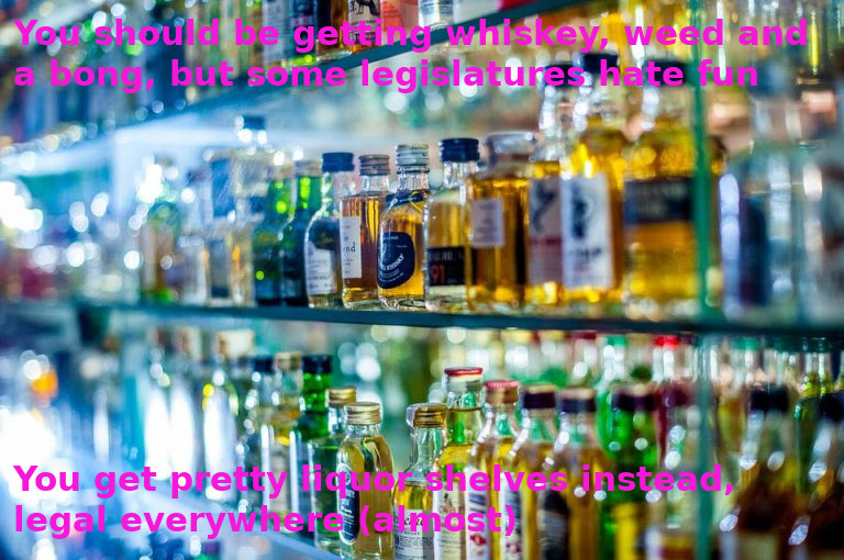 Glass shelves filled with liquor bottles. Captions read, "You should be getting whiskey, weed and a bong, but some legislatures hate fun. You get pretty liquor shelves instead, legal everywhere—almost."