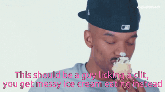 An animated GIF of a man licking an ice cream cone in a messy way. He smears ice cream on his nose, mustache, lips and goatee. He licks the ice cream off his lips and his expression is one of deep satisfaction. Captions overlay the image and read, "This should be a guy licking a clit, you get messy ice cream eating instead."