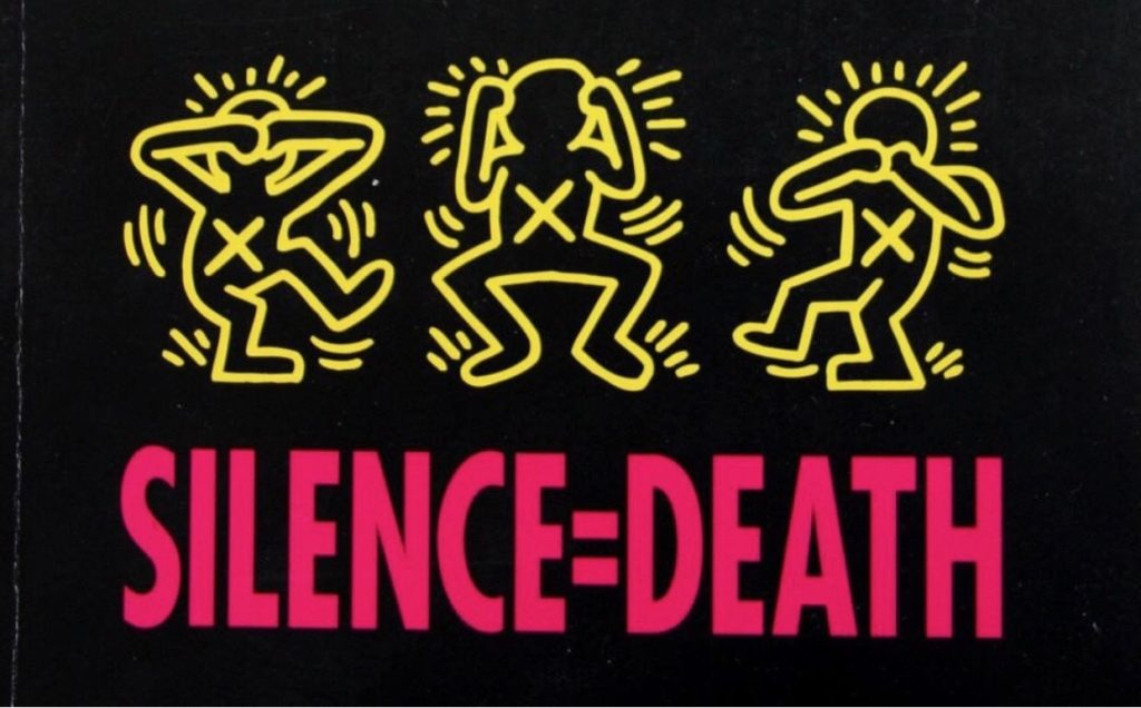 Three stylized silhouettes traced in yellow over a solid black background. They represent the saying, "see no evil, hear no evil, speak no evil." Each has an X on their torso. The first has its hands on its eyes, the next, on its hears; and the last, on its mouth. Below the silhouettes, the slogan "Silence equals death" of ACT UP—the AIDS Coalition to Unleash Power—is written in large, pink letters. We need to talk about HIV, including when we have sex with women, transmasc and AFAB people.